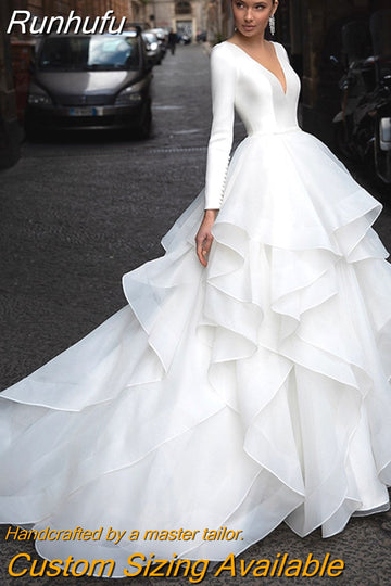 Runhufu White V-Neck Ball Gown Long Sleeves Satin Wedding Dress For Women 2023 Vintage Illusion Back With Button Custom Made